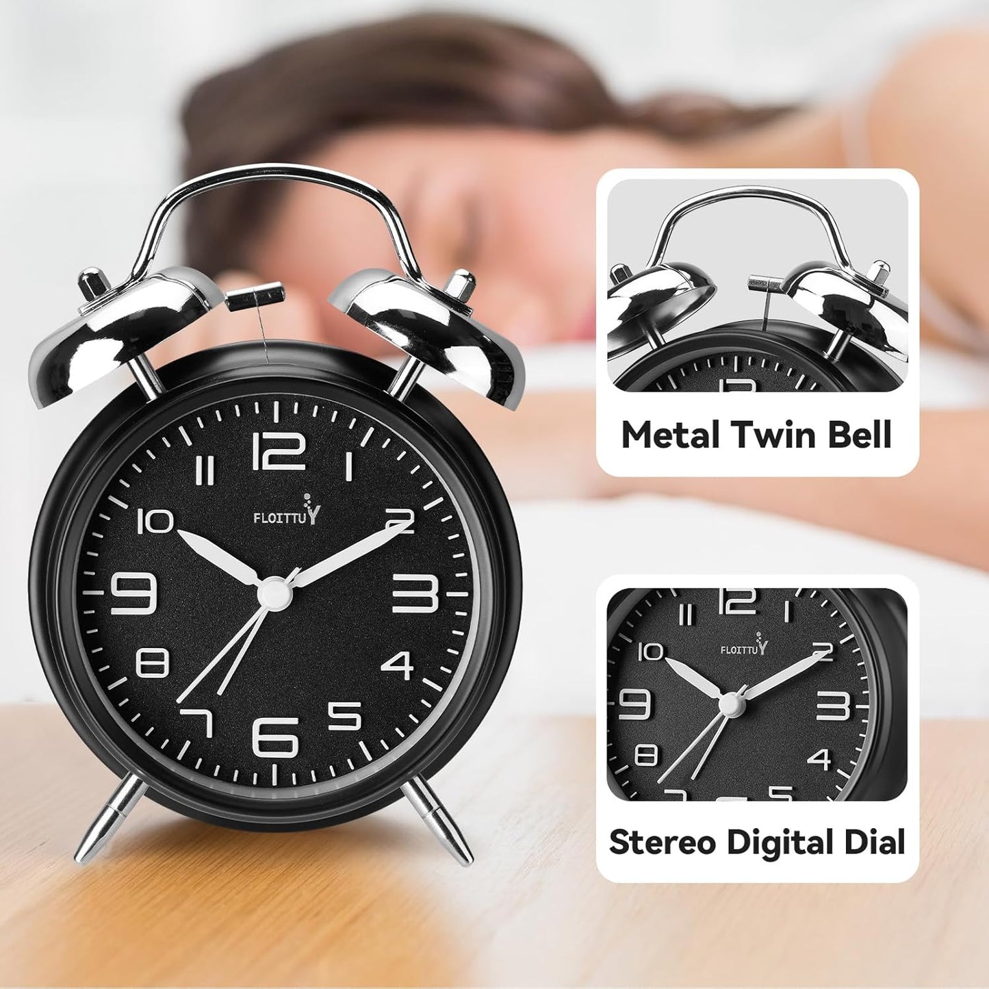 FLOITTUY Loud Alarm for Deep Sleepers 4'' Twin Bell Alarm Clock with Backlight for Bedroom and Home Decoration(Green)