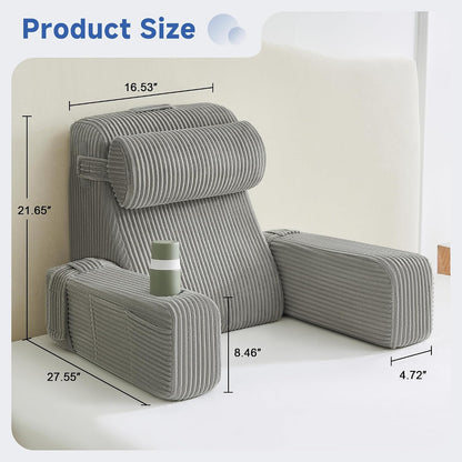 Reading Pillow for Sitting in Bed Adult, Back Pillow for Bed Sitting up with Arms, Pockets and Cup holder, Sit Up Backrest Pillows for Beds Chair Support, Rest Pillow for Gaming (Light gray)