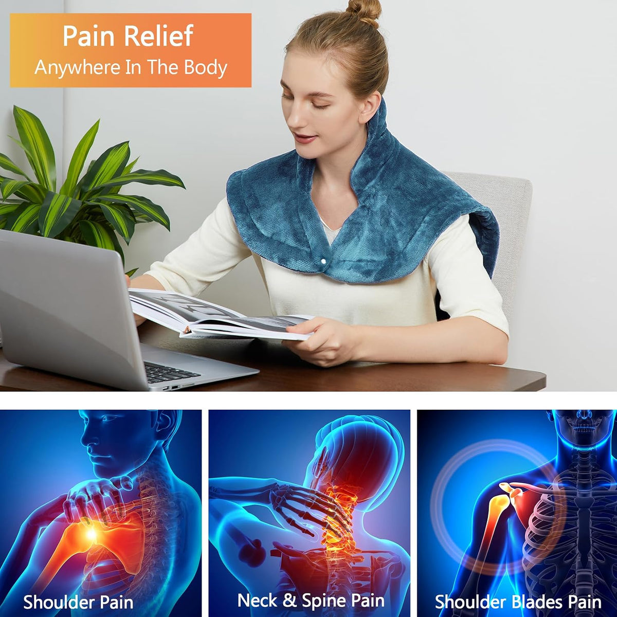 CAROMIO Massaging Heating Pad for Back Pain Relief, Neck and Shoulders