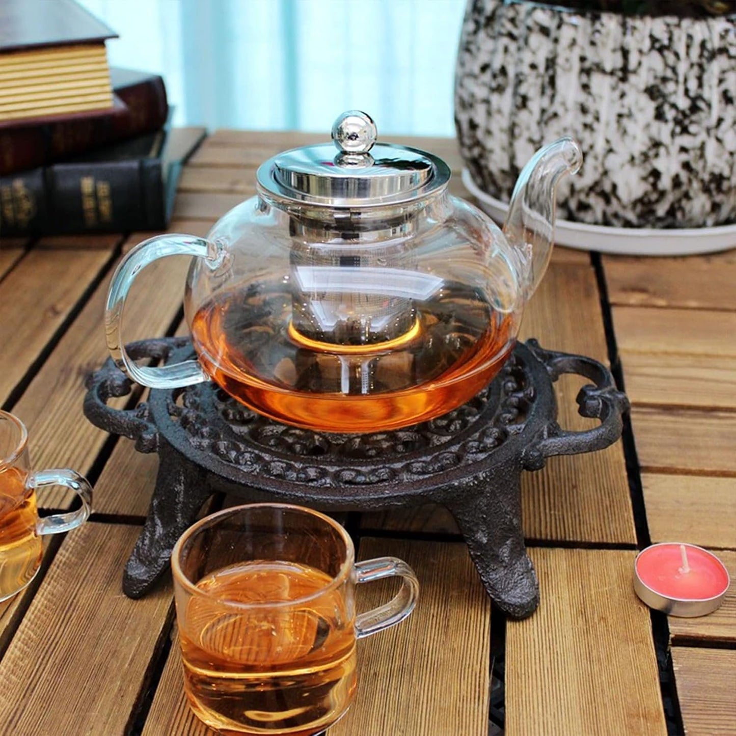 6.1 Inches Cast Iron Teapot Warmer Dish Cups Trivet,Flower-Shaped Design with Tealight Holder - Heavy Duty & Decorative Candle Holder Stands for Heat Food Coffee Milk or Tea