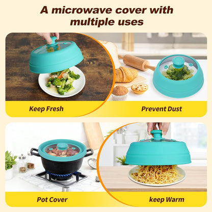 Microwave Splatter Cover, Vented Silicone & Glass Anti-Splatter Lid with Handle, Collapsible Food Plate Cover Fits 6–11 Inch Plates and Bowls (Black, 10.8inch)