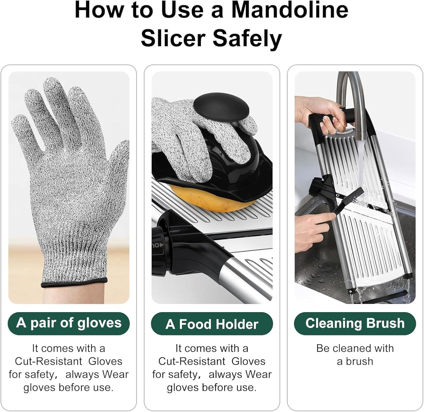 -BINGBING- Mandoline Slicer for Kitchen, Adjustable Mandoline Food Slicer | Stainless Steel Vegetable Slicer, Adjustable Blade, Slices, Julienne, Waffle and French Fries Cut, Includes Gloves and Brush
