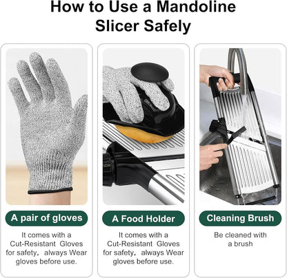 -BINGBING- Mandoline Slicer for Kitchen, Adjustable Mandoline Food Slicer | Stainless Steel Vegetable Slicer, Adjustable Blade, Slices, Julienne, Waffle and French Fries Cut, Includes Gloves and Brush