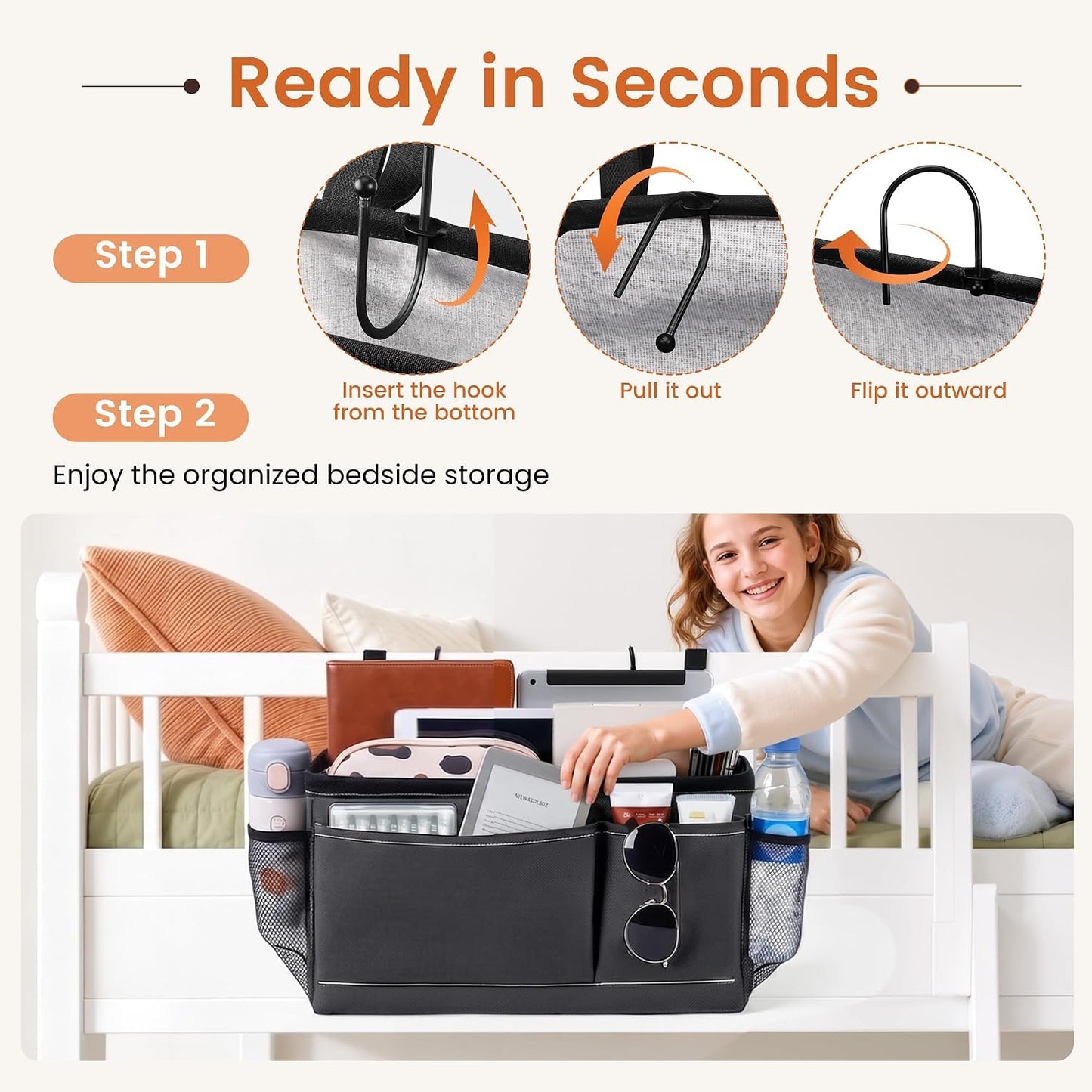 Fab totes Bedside Caddy/Bedside Storage Bag Hanging Organizer for Bunk and Hospital Beds, Dorm Rooms Bed Rails, Can Hold Glasses, Books, Mobile Phones, Keys (1 Pack, Black)
