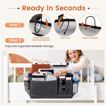 Fab totes Bedside Caddy for Dorm Bed, Bedside Storage Bag Hanging Organizer
