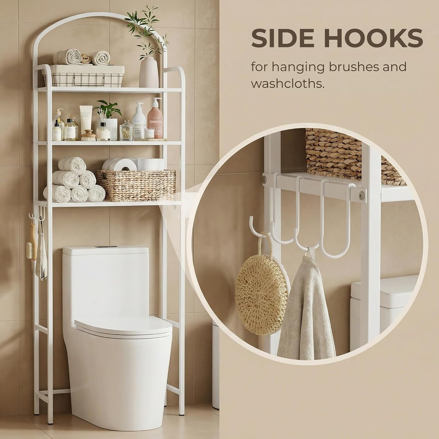 3 Tier Over The Toilet Storage Rack, Bathroom Organizer | Toilet Storage with 4 Hooks & Paper Holder, Space-Saving, Freestanding Bathroom Shelf, Metal, White