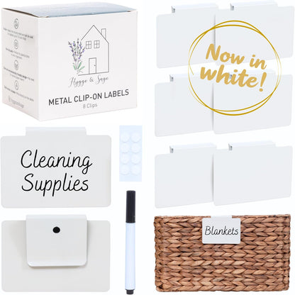Hygge & Sage: Metal Non-Slip Basket Labels Clip On for Storage Bins, or Wire Racks | Includes 8 Labels, 8 Non-Slip Pads, and 1 Free Marker (Cream)