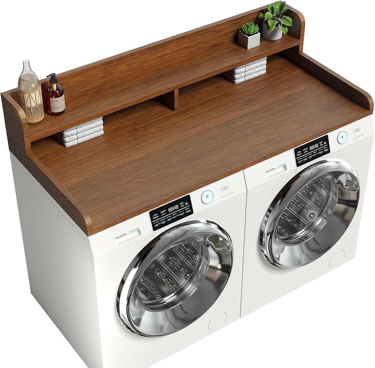 2-Tier Washer Dryer Countertop with 2.75" H Edge Rails, 54" W x 27.55" D Laundry Countertop for Folding Clothes, Washer and Dryer Topper with Non-Slip Pad (Dark Walnut)