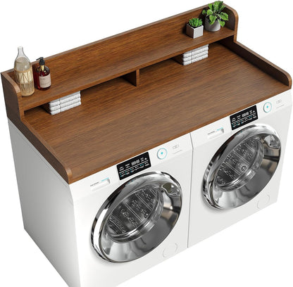 2-Tier Washer Dryer Countertop with 2.75" H Edge Rails, 54" W x 27.55" D Laundry Countertop for Folding Clothes, Washer and Dryer Topper with Non-Slip Pad (Dark Walnut)