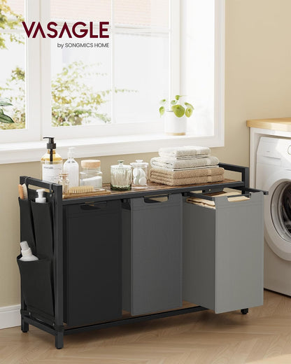 VASAGLE Laundry Hamper, Laundry Basket Sorter with 3 Pull-Out and Removable Bags, Shelf, Metal Frame, 3 x 10.6 Gallons (40 L), 36.4 x 13 x 28.4 Inches, Cappuccino Beige and Natural Beige UBLH301LH01