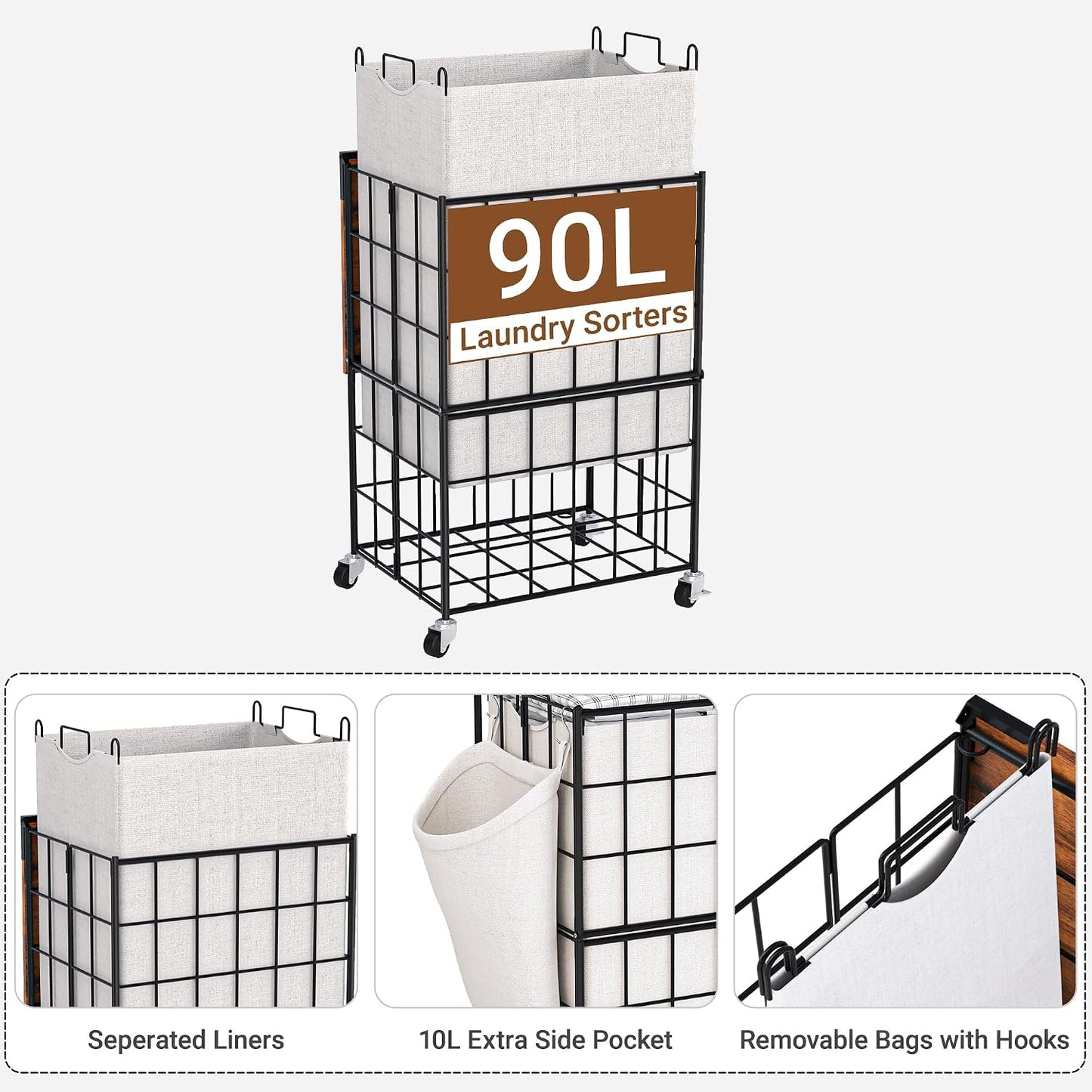 90L Laundry Basket with Wheels, Large Capacity Laundry Hamper with Removable Liner Bags, Heavy Duty Laundry Sorter with Solid Wood Lid & Leather Handles, Grey