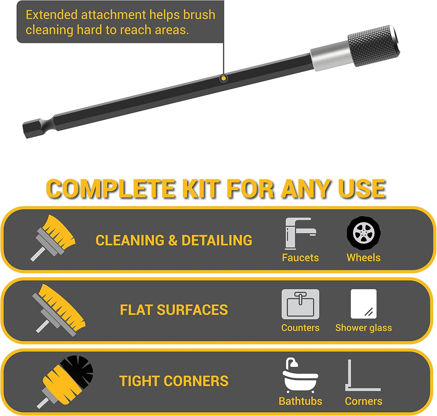 SCRUBIT Drill Brush Attachment Set - Power Scrubber Tile and Grout Tool - Use for Kitchen, Shower, Bathtub and Floor Surface - All Purpose Household Cleaning Kit Includes 3 Brushes with A Bit Extender