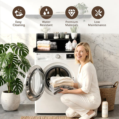 2-Tier Washer Dryer Countertop with Shelves & Metal Hooks, 27" W x 27.5" D Large Laundry Topper for Room Organization & Folding Clothes & Storage(Oak)