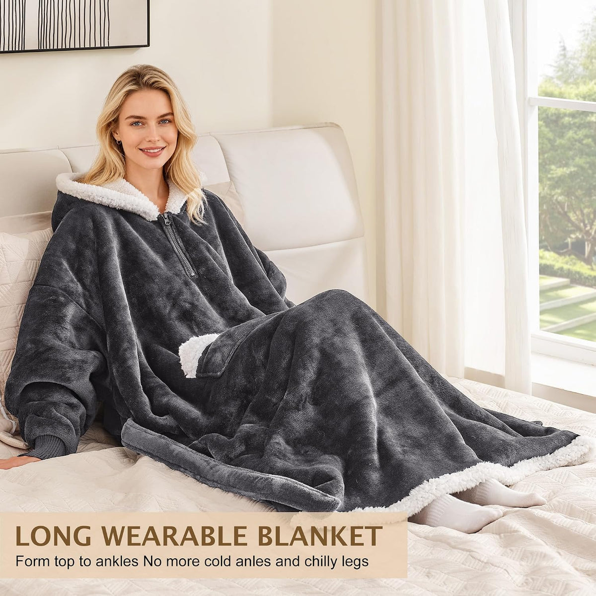 Wearable Blanket Hoodie as Gifts for Women, Long Sherpa Fleece Hooded Blankets with Oversize Hood and Pocket, Warm and Cozy Sweatshirt with Belt, Winter Gift
