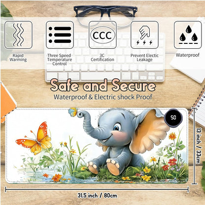 Heated Desk Pad Heated Large Mouse Pad, Electric Quickly Warm Desk Mat with 3 Levels Heating 3 Hours Auto Shut-Off, 31.5" x 13" Warm Gaming Mousepad Hand Foot Warmer, Baby Elephant