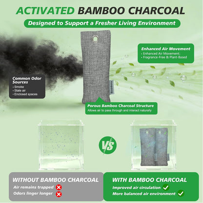 Activated Charcoal Bags Air Purifying 15 Pack, Bamboo Charcoal Odor Absorber for Home Closet Car Shoes, 70g Gray, Natural Odor Neutralizer, Moisture Absorber, Reusable up to 2 Years, 6 Hooks