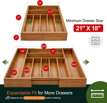 Expandable Bamboo Kitchen Drawer Organizer for Cutlery and Utensils, Adjustable Bamboo Wood Cutlery Tray in Drawer for Flatware and Silverware in Kitchen, (Natural)