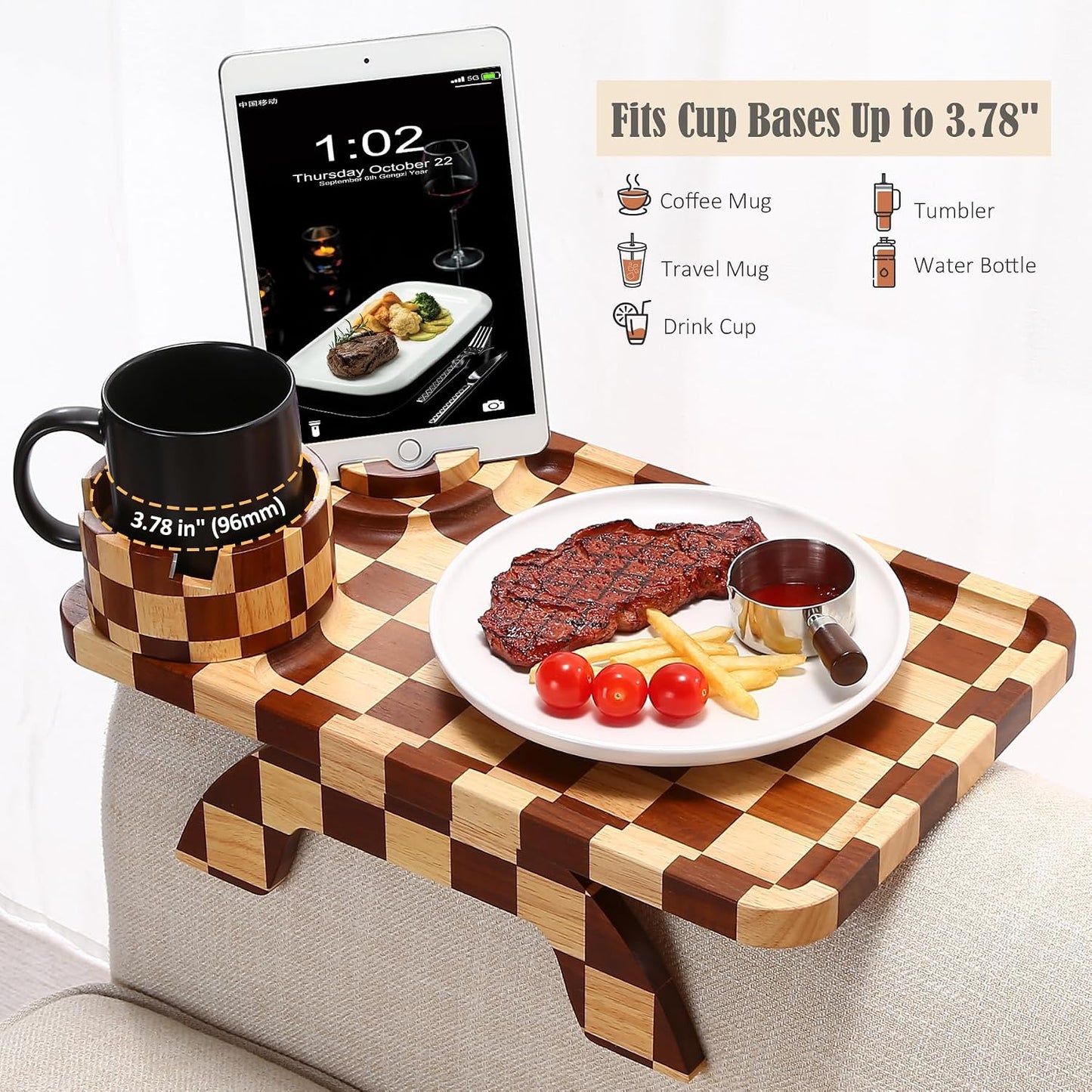 Nnewvante Couch Cup Holder Tray, 3 in 1 Large 15.36"x9.85" Acacia Wood Sofa Arm Clip on Tray Table with 360°Rotated Phone Holder on Armrest