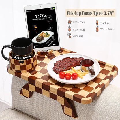 Nnewvante Couch Cup Holder Tray, 3 in 1 Large 15.36"x9.85" Acacia Wood Sofa Arm Clip on Tray Table with 360°Rotated Phone Holder on Armrest