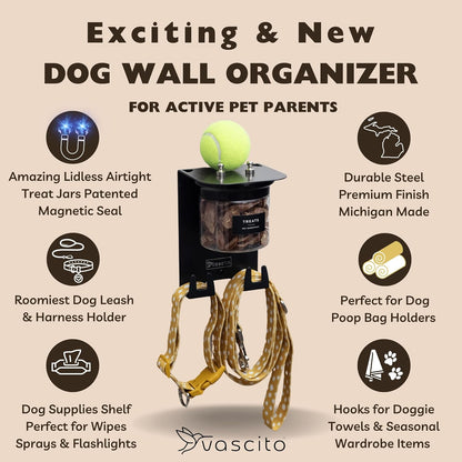 Dog Leash Holder for Wall with Shelf — Wall Mounted Dog Treat Holder & Station, 2 Airtight 32oz Treat Containers, 9 Hooks, Patented Lidless Slide-to-Seal Jars, Solid Steel, Made in USA