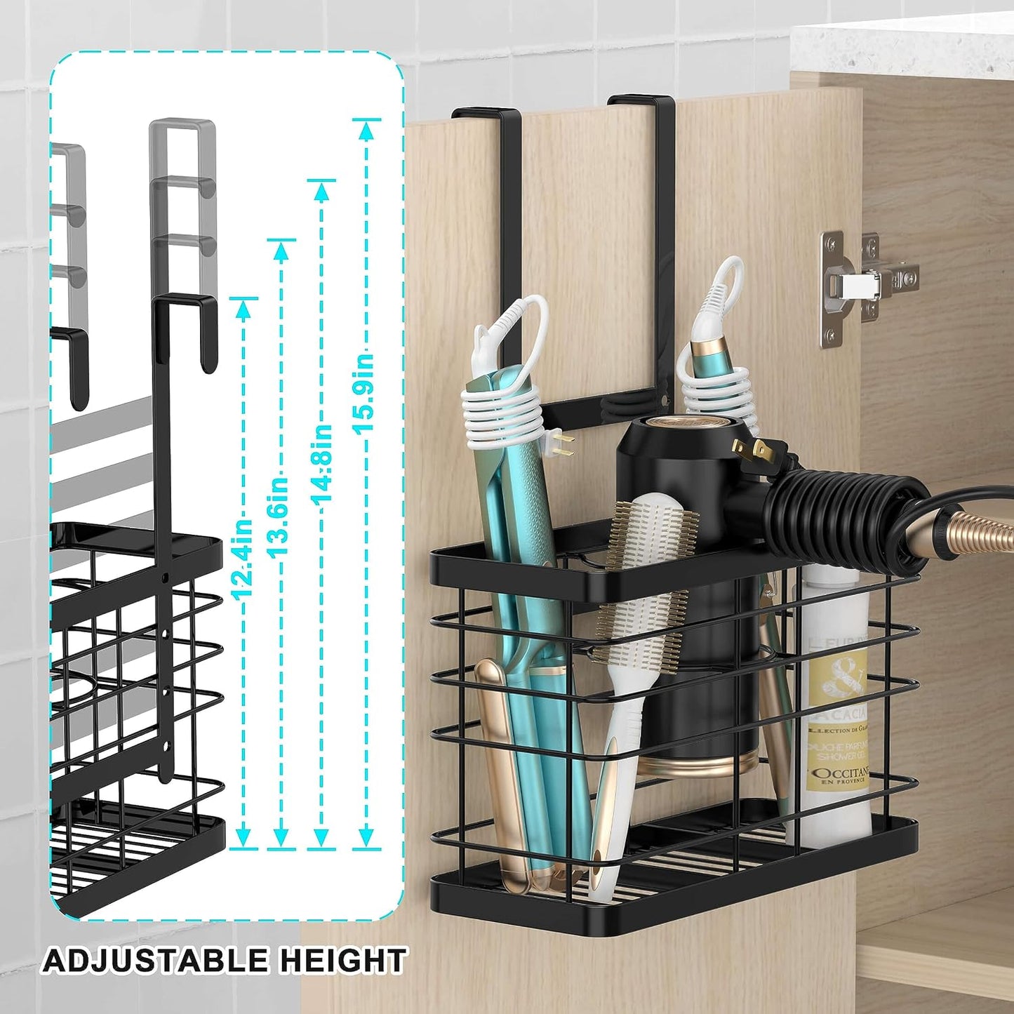 Hair dryer holder cabinet door - Hair tool organizer wall mount | Cabinet Door Bathroom Organizer Hair Care & Styling Tools Storage Basket for Hair Dryer, Curling Irons, Hair Straighteners