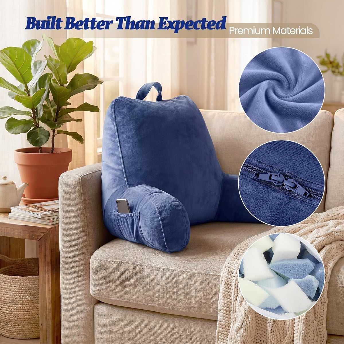ACH Reading Pillow with Arms for Adults - Adjustable Memory Foam Bed Rest Pillow, Lumbar & Neck Back Support, Soft Velvet Cover Machine Washable, Deep Side Pocket & Carry Handle, Grey