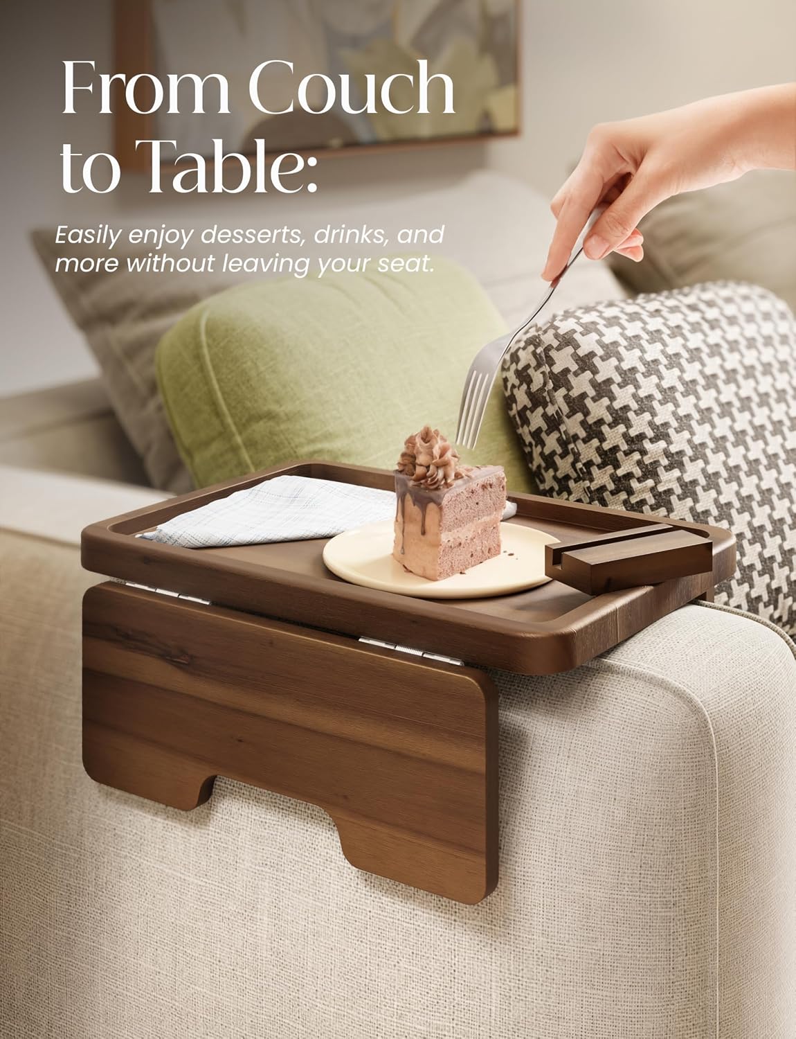HOLANA 13.75" Acacia Sofa Arm Tray Table, Double Hinge, Natural Wood Color | Solid Acacia Wood, Spacious Surface, Clips Securely with Double-hinge Grip, Foldable & Portable, Multipurpose, No Assembly