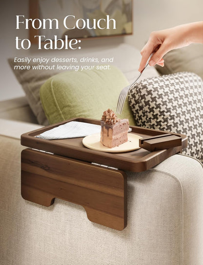 HOLANA 13.75" Acacia Sofa Arm Tray Table, Double Hinge, Natural Wood Color | Solid Acacia Wood, Spacious Surface, Clips Securely with Double-hinge Grip, Foldable & Portable, Multipurpose, No Assembly