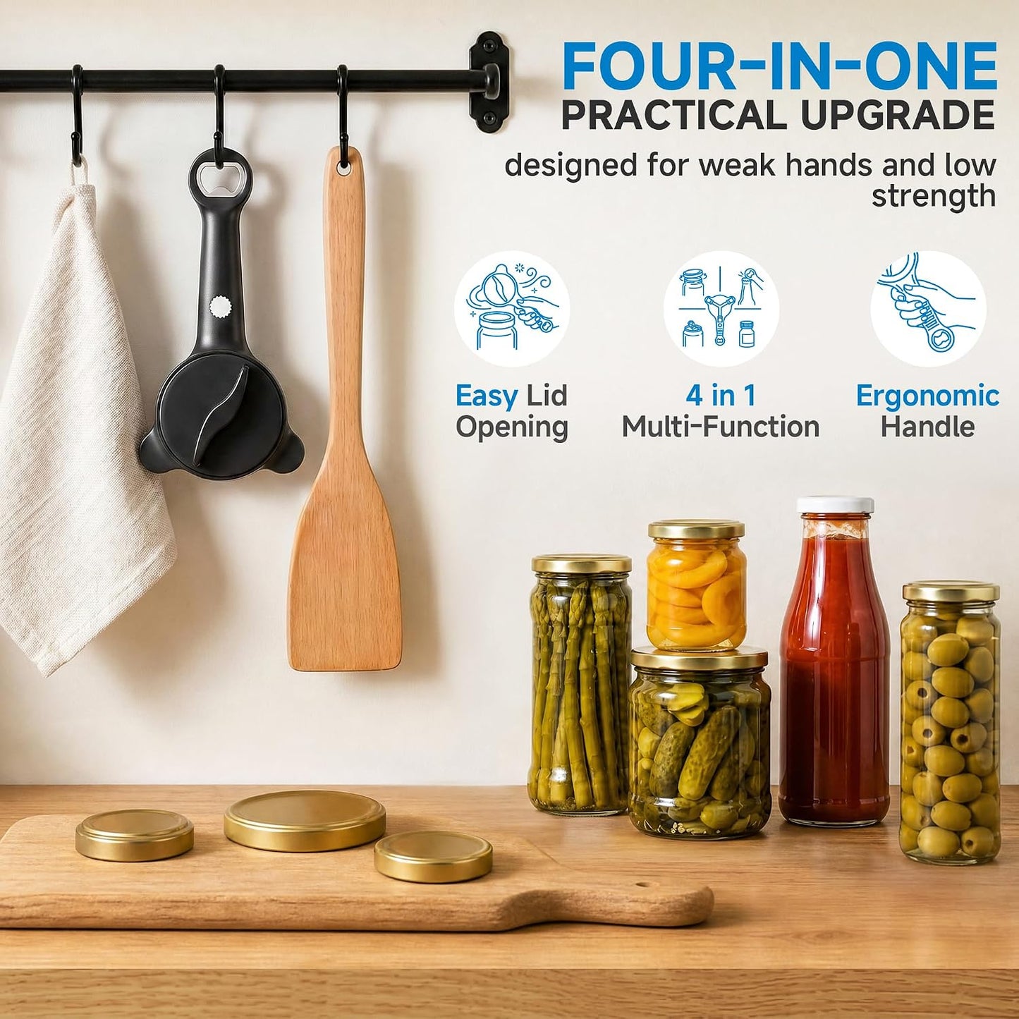 2026 Upgraded 4-in-1 Jar Opener - Adjustable Stainless Steel Lid Remover for Seniors & Arthritis Sufferers, Fits Kitchen Jars, Bottles & Cans Blue