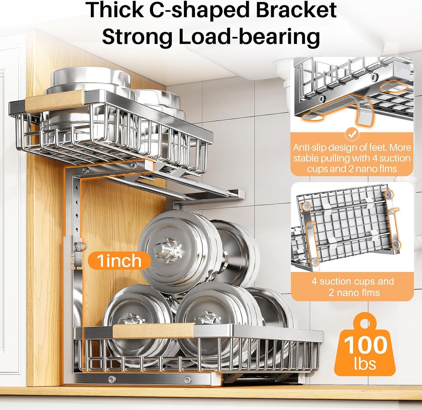 PXRACK Under Sink Organizer, Adjustable Height, 2 Tier Pull Out Under Cabinet Organizer, Slide Out Thickened Metal Under Sink Storage for Kitchen Bathroom Laundry Pantry Cabinet, White, Large-2-Pack