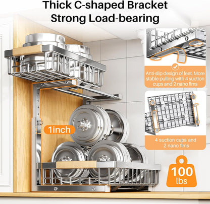 PXRACK Under Sink Organizer, Adjustable Height, 2 Tier Pull Out Under Cabinet Organizer, Slide Out Thickened Metal Under Sink Storage for Kitchen Bathroom Laundry Pantry Cabinet, White, Large-2-Pack
