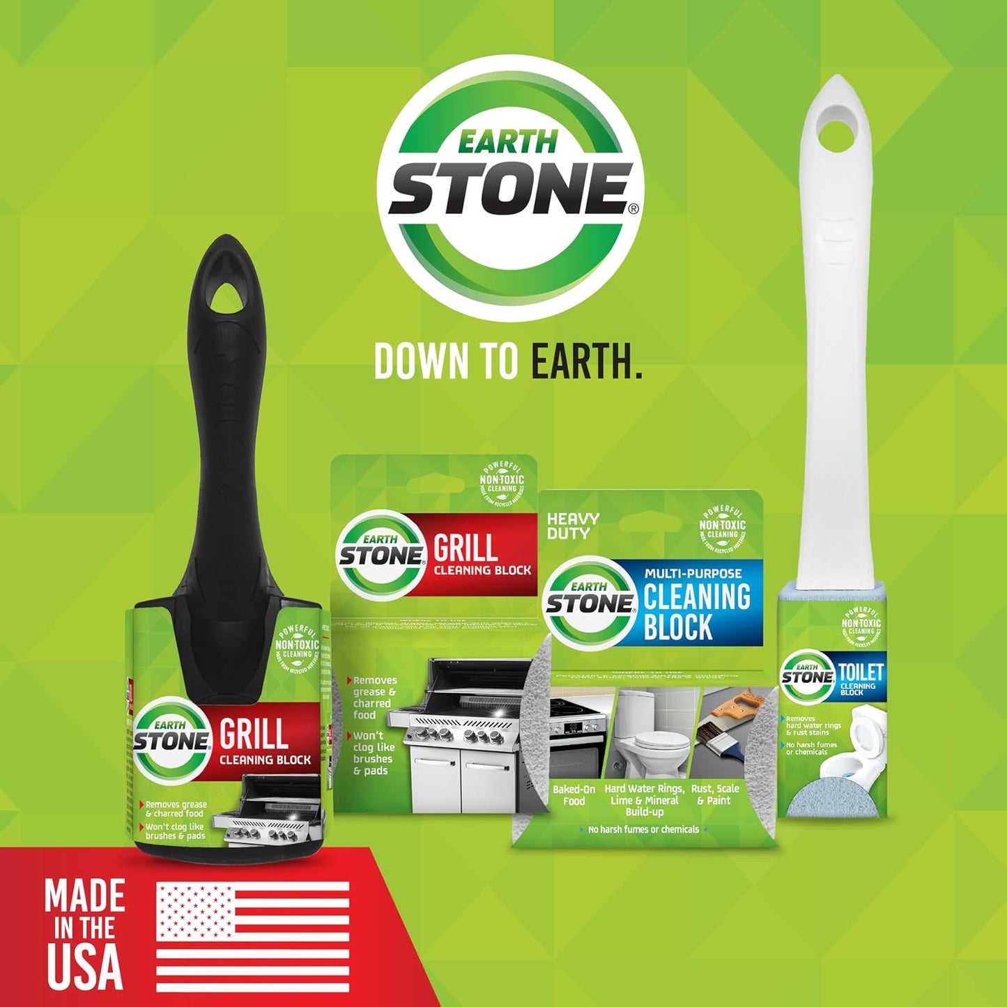 EarthStone Grill Cleaning Block Kit, 3 Blocks with 7-inch EZ-Grip Handle | Bristle Free Wire Alternative Grill Scraper Block Kit, For Porcelain, Iron Cast, & Steel Grates, No Chemical Pumice Material