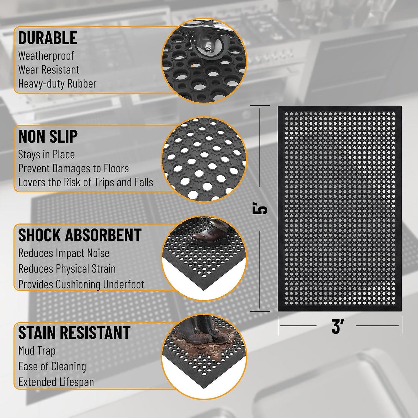 Ottomanson Heavy Duty Rubber Floor Mat – Non-Slip, Waterproof, Easy to Clean – Boot Tray Utility Mat for Shoes, Boots, Entryway, or Pet Feeding Area – Durable, Hose Washable – 16" x 32", Black