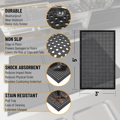 Ottomanson Heavy Duty Rubber Floor Mat – Non-Slip, Waterproof, Easy to Clean – Boot Tray Utility Mat for Shoes, Boots, Entryway, or Pet Feeding Area – Durable, Hose Washable – 16" x 32", Black