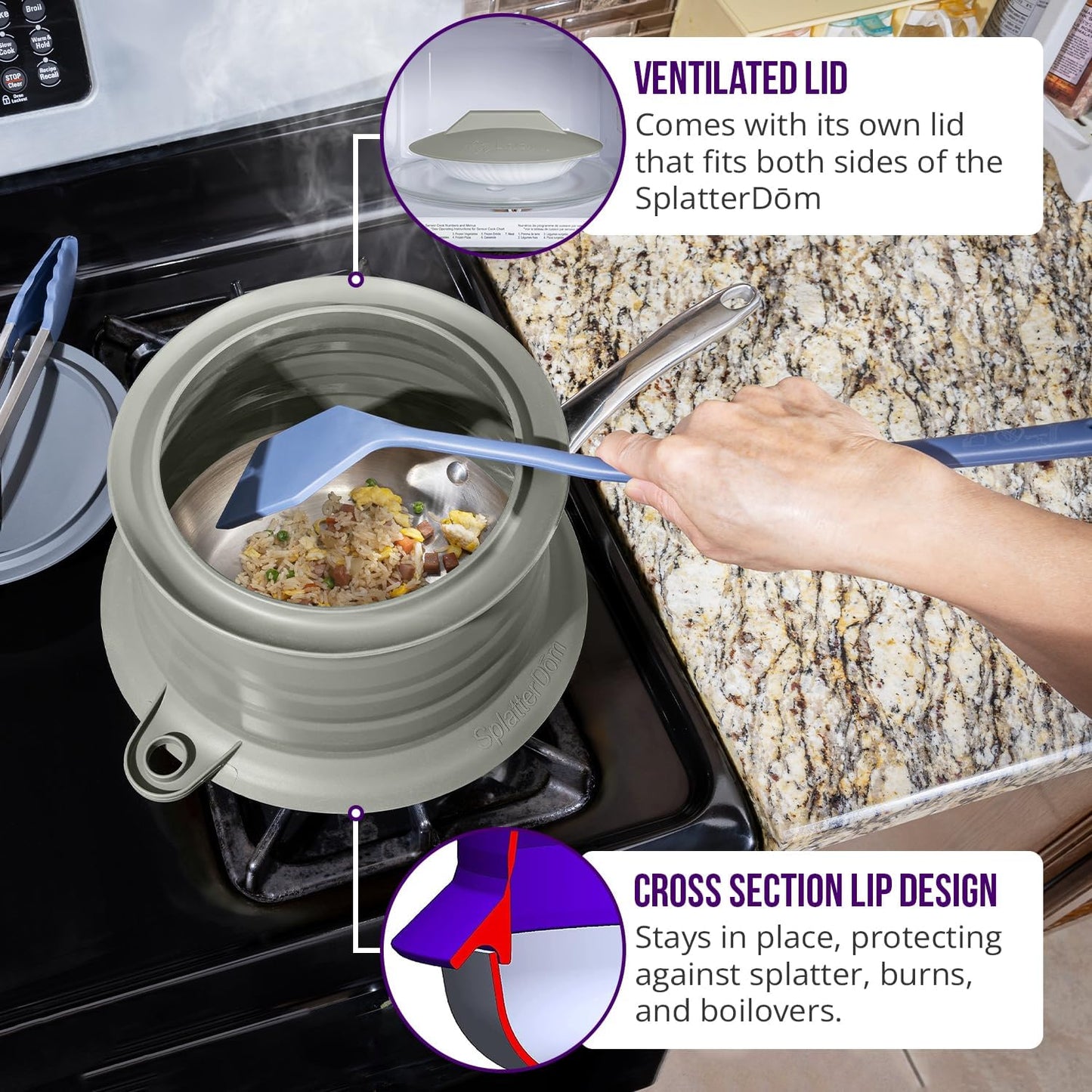 L.I.Q. Silicone Splatter Guard, Durable SplatterDom, Blue Steel, Large | 10 and 12 Inch Pots, 10'' Lid, Food and Oil Splash Guard for Cooking, Easy to Clean and Store, BPA-Free, Microwave Safe