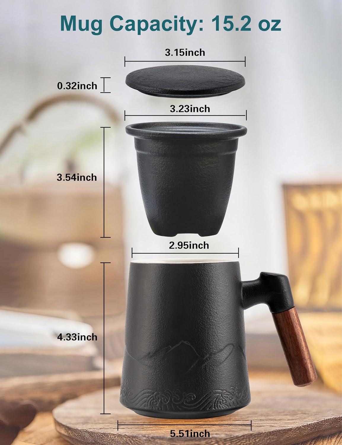 suyika Tea Cup with Infuser and Lid, Gradient Black & Blue, 15.2oz /450ml