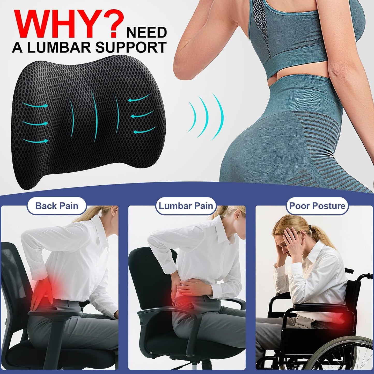 BYMECOST Lumbar Support Pillow for Car, Memory Foam Car Back Cushion | Car Seat Back Pillow for Driving, Adjustable Strap, Ergonomic Lower Back Support Pillow, Office Chairs and Wheelchairs