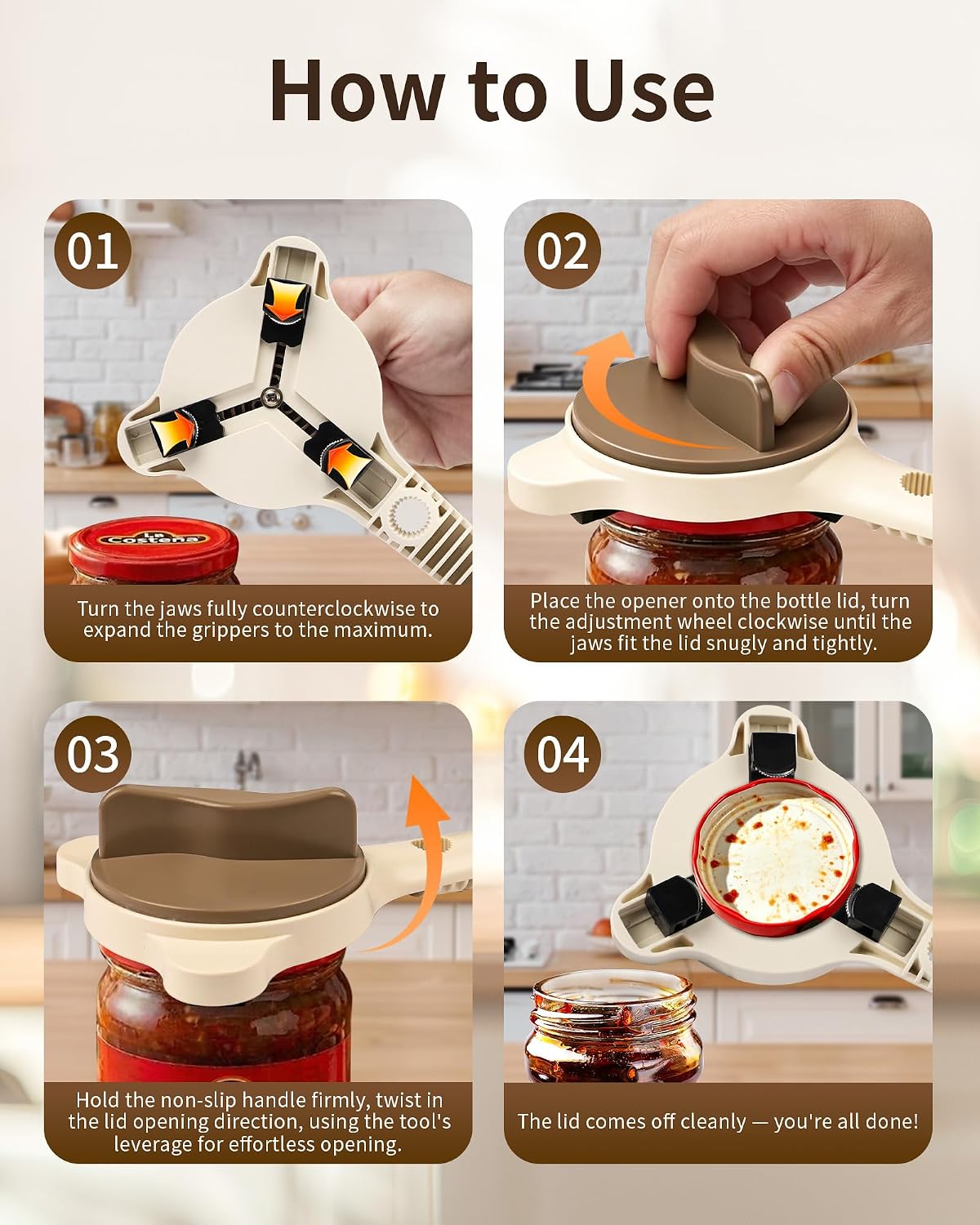4-in-1 Adjustable Jar & Bottle Opener for Seniors with Arthritis Weak Hands | 2026 New Stainless Steel Non-Slip Grip, Left-Handed Friendly, Fits Glass, Pickle & Sauce Jars, Beer, Soda & Wine Bottles