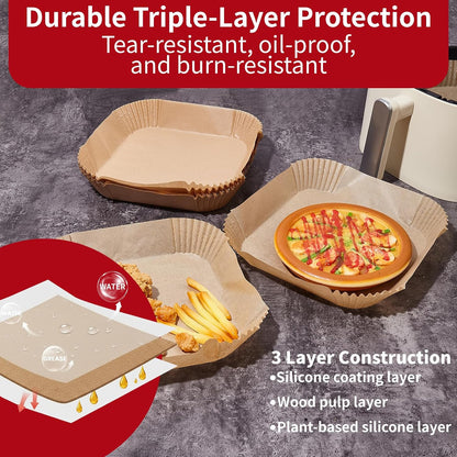 40GSM Air Fryer Liners, 6.5 Inch Air Fryer Liners Disposable, Unbleached Paper For 3-5Qt, Raw Wood Pulp, Double-Sided Silicone, For Health-Conscious Cooks & Busy Families, Square 100pcs