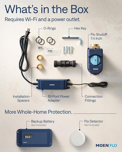 Moen Flo Shutoff, 3/4" Automatic Water Leak Detector & Shutoff, 900-001 | Automatic Shutoff, Leak Detection, MicroLeak Tests, Monitors Flow, Pressure, Moisture, and Temperature, WiFi App Control