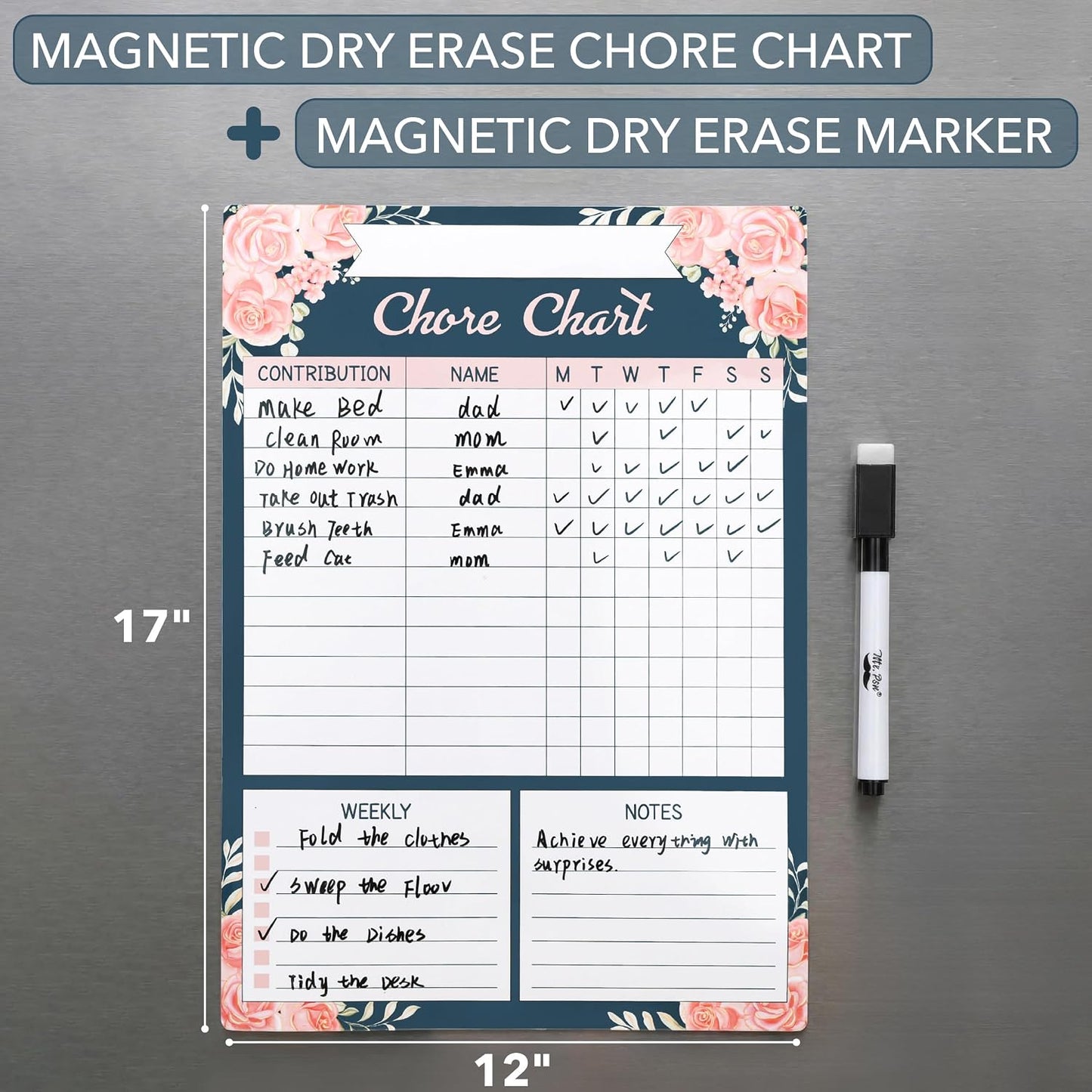 Mr. Pen- Magnetic Dry Erase Chore Chart, 17" x 12" | Floral Daily & Weekly Responsibility Chart for Kids, Teens & Adults, Family Chore Board for Fridge