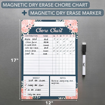 Mr. Pen- Magnetic Dry Erase Chore Chart, 17" x 12" | Floral Daily & Weekly Responsibility Chart for Kids, Teens & Adults, Family Chore Board for Fridge