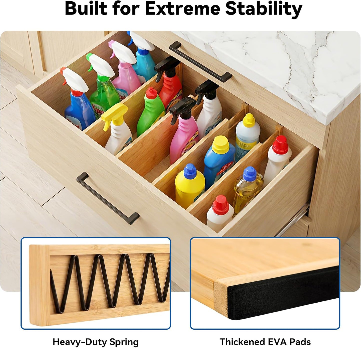 4 Pack 6" Deep Bamboo Drawer Dividers, 17-22" Expandable Kitchen Organizers | Adjustable Spring-Loaded Tension Separators with Foam Pad for Clothes, Utensils, Kitchen, Dresser, Nursery & Bathroom