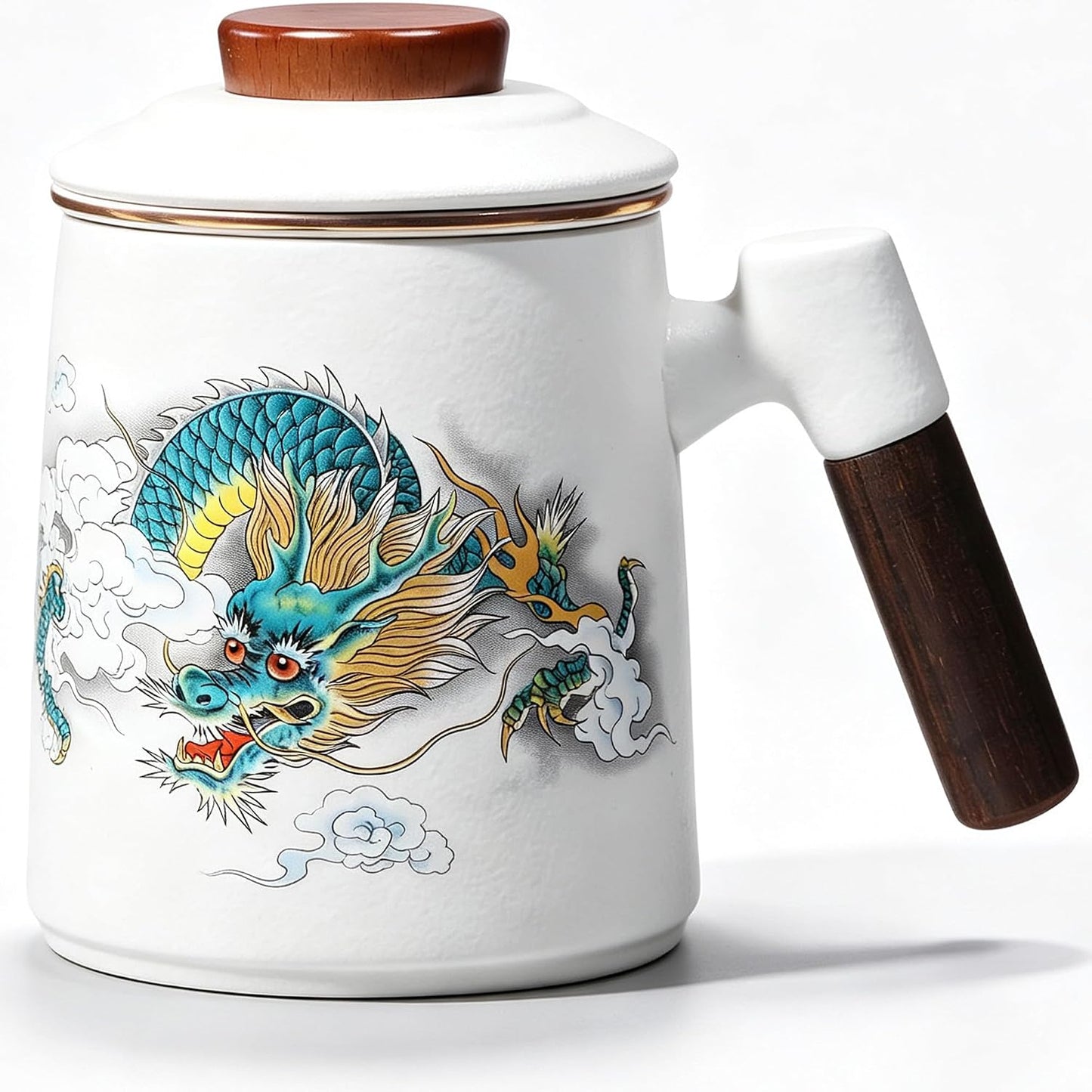 Ceramic Tea Infuser Cup with Lid,Loose Leaf Tea Mug,Dragon | 13.5oz,All Ceramic Infuser,Lead & BPA Free,Heat Resistant Wood Handle,Hand Wash Only,Tea Lovers Gifts