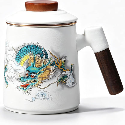 Ceramic Tea Infuser Cup with Lid,Loose Leaf Tea Mug,Dragon | 13.5oz,All Ceramic Infuser,Lead & BPA Free,Heat Resistant Wood Handle,Hand Wash Only,Tea Lovers Gifts