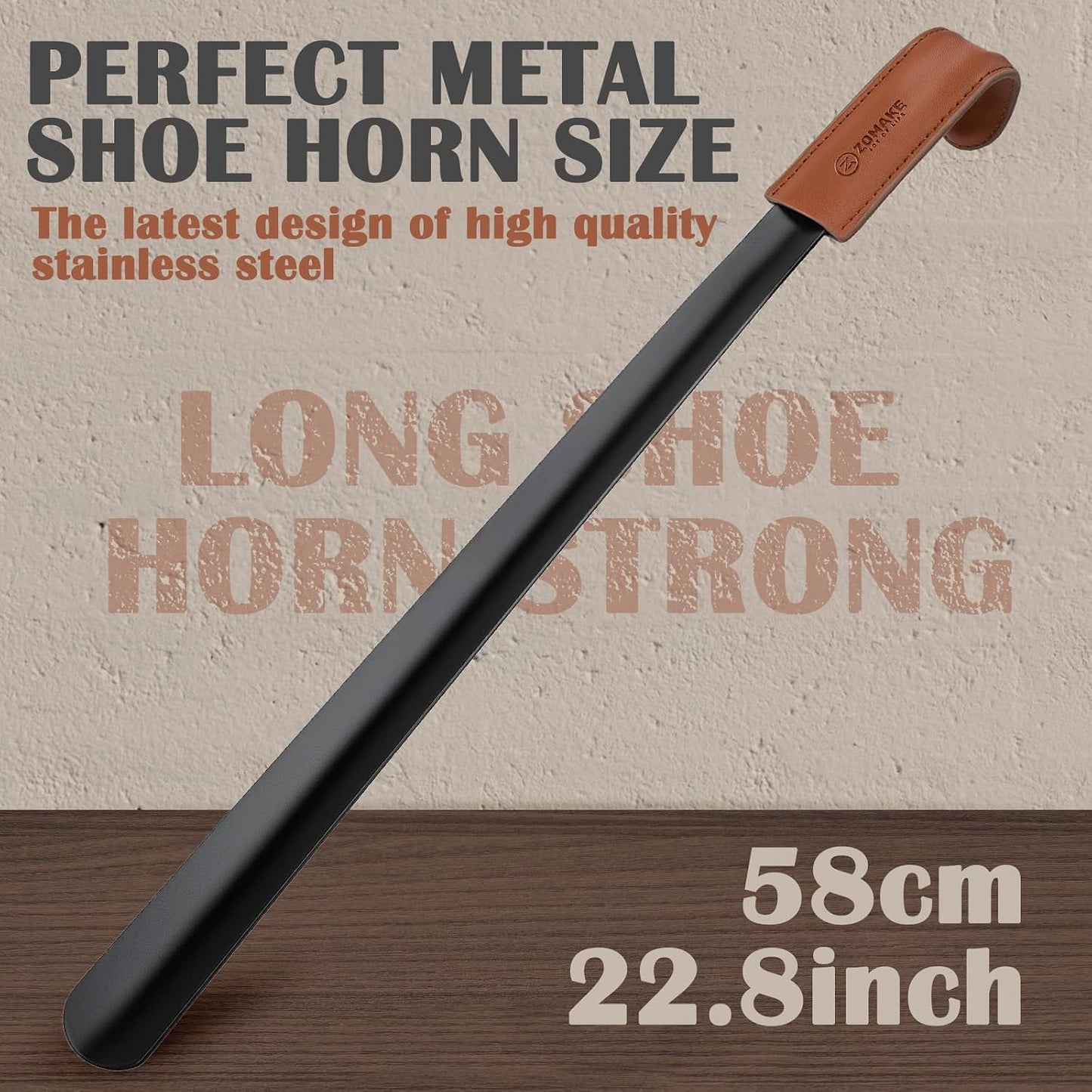 ZOMAKE Shoe Horn Long Handle for Seniors Men Women, Metal Shoehorn 2Pack | 16.5" Long Boot Horn, Travel Small Shoe Spoon Helper 7.5", Sturdy Stainless Steel, Anti-Slip Leather Grip, Shoe Protection