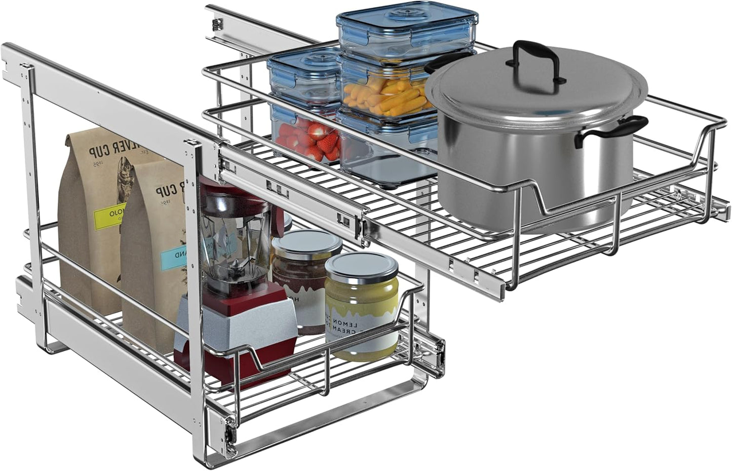2-Tier Cabinet Pull Out Shelves, 14" W x 22" D, Chrome | Heavy-Gauge Wire Kitchen Cabinet Organizer, 100 lbs Capacity, Ball-Bearing Glides, Min 15" Opening, For Tupperware & Bowls