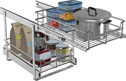 2-Tier Cabinet Pull Out Shelves, 14" W x 22" D, Chrome | Heavy-Gauge Wire Kitchen Cabinet Organizer, 100 lbs Capacity, Ball-Bearing Glides, Min 15" Opening, For Tupperware & Bowls