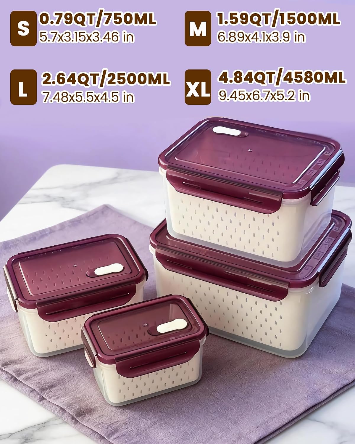 TBMax Fruit Storage Containers for Fridge Organizers and Storage, 4 Pack Large Produce Saver with Airtight Lid & Colander for Berry Lettuce Salad Vegetable Storage, Refrigerator Organizers