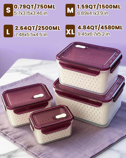 TBMax Fruit Storage Containers for Fridge Organizers and Storage, 4 Pack Large Produce Saver with Airtight Lid & Colander for Berry Lettuce Salad Vegetable Storage, Refrigerator Organizers